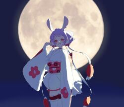  1girl absurdres animal_ears commentary_request floral_print frilled_thighhighs frills gekokujou_hana hair_ornament highres japanese_clothes kimono looking_at_viewer magical_girl mahou_shoujo_ikusei_keikaku mahou_shoujo_ikusei_keikaku_limited malu_661 moon obi open_mouth purple_hair rabbit_ears rabbit_girl red_eyes ribbon sash short_hair smile thigh-highs white_kimono white_thighhighs wide_sleeves 