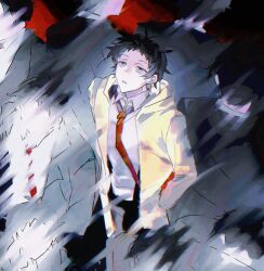  1boy aaafiree adachi_tohru black_pants clone coat collared_shirt commentary crowd from_above grey_eyes hands_in_pockets highres hood hood_down long_sleeves looking_up male_focus necktie pants persona persona_4 red_necktie shirt short_hair solo untranslatable_commentary yellow_coat 