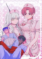  2boys 2girls angra_mainyu_(fate) bazett_fraga_mcremitz black_hair blue_hair blush caren_hortensia corruption cu_chulainn_(fate) dark-skinned_male dark_persona dark_skin fate/hollow_ataraxia fate_(series) full-body_tattoo highres holding holding_syringe large_syringe mole mole_under_eye multiple_boys multiple_girls nurse oversized_object r6brhome792439 red_hair short_sleeves syringe tattoo white_hair 