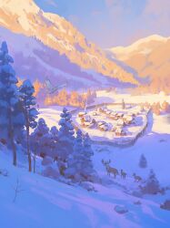  animal art_of_papayou bird blue_sky commentary_request day deer defensive_wall english_commentary footprints forest french_commentary highres hill house landscape mixed-language_commentary nature no_humans original outdoors scenery shadow sky snow town tree white_bird winter 