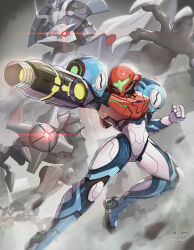  1boy 1girl absurdres arm_cannon armor beak blue_armor chozo claws commentary_request e.m.m.i._(metroid) gonzarez green_visor grey_armor helmet highres metroid metroid_dread power_suit raven_beak_(metroid) red_eyes red_helmet robot samus_aran shoulder_armor signature weapon white_armor 