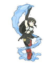  1girl alpaca_carlesi arm_up armpits black_gloves black_hair black_thighhighs boots breasts clenched_hands closed_mouth commentary crop_top dolphin elbow_gloves english_commentary fighting_stance final_fantasy final_fantasy_vii final_fantasy_vii_remake fingerless_gloves full_body gloves highres long_hair making-of_available medium_breasts midriff navel red_boots red_eyes skirt smile solo sparkle standing standing_on_one_leg suspender_skirt suspenders tank_top thigh-highs tifa_lockhart uppercut water white_background white_tank_top zettai_ryouiki 