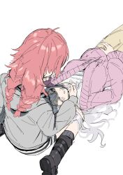  2girls ahoge bang_dream! bang_dream!_yumemita blush braid closed_eyes facing_another grey_hair grin guagua977 highres lap_pillow long_hair long_sleeves lying miyanaga_nonoka multiple_girls on_back red_hair sengoku_yuno simple_background sitting smile twin_braids wariza white_background yuri 