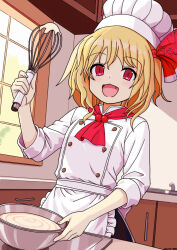  1girl alternate_costume apron back_bow black_skirt blonde_hair blush bow bowl buttons chef chef_hat commentary_request cooking double-breasted fang faucet hair_ribbon hat highres holding holding_bowl holding_whisk indoors kitchen long_sleeves looking_at_viewer medium_hair mist9801km open_mouth red_bow red_ribbon ribbon rumia skirt sleeves_rolled_up smile solo touhou waist_apron whisk white_apron window 