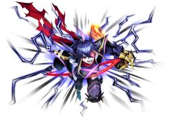  1girl ahoge armored_boots artist_request black_leotard black_thighhighs blonde_hair blue_hair boots breasts clawed_gauntlets clothing_cutout deadzone_(duel_masters) duel_masters duel_masters_play's electricity fangs gauntlets glowing glowing_eyes hair_ornament leg_tattoo leotard magical_girl mechanical_magical_girl multicolored_hair official_art open_mouth pale_skin purple_hair red_eyes red_scarf scarf signature single_gauntlet solo tattoo teeth thigh-highs third-party_source thrusters torn_clothes torn_scarf transparent_background upper_teeth_only 