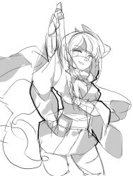  1girl anpolly arm_up breasts commentary_request cowboy_shot cropped_legs fox_mask greyscale japanese_clothes kimono looking_at_viewer mask mask_on_head monochrome pouch sekaiju_no_meikyuu sekaiju_no_meikyuu_3 shinobi_(sekaiju) shinobi_4_(sekaiju) short_hair simple_background sketch smile solo standing white_background wide_sleeves 