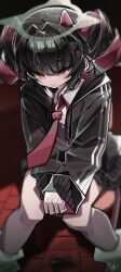  1girl absurdres alternate_costume black_hair black_jacket bow chair collared_shirt colored_inner_hair commentary crying crying_with_eyes_open green_halo hair_bow halo highres jacket marttkim00 multicolored_hair nangong_yu necktie on_chair pink_hair red_eyes red_necktie shirt signature sitting solo tears twintails untranslatable_commentary white_shirt zenless_zone_zero 