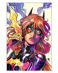  1girl 2026 animal_print artist_logo barbara_gordon bat_print batarang batgirl batman_(series) batman_symbol black_bodysuit black_mask bodysuit border colorful commentary dc_comics domino_mask eye_mask glint gloves green_eyes highres holding logo long_hair looking_to_the_side mask multicolored_bodysuit outline pink_lips red_border red_hair red_outline saturated turtleneck turtleneck_bodysuit two-tone_bodysuit upper_body vinartwork white_border yellow_bodysuit yellow_gloves 