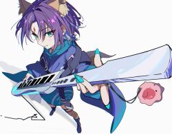  1girl absurdres animal_ears black_boots blue_hair blue_hoodie blue_kimono blue_nails boots cho_kaguya-hime! commentary fishnet_thighhighs fishnets forehead_jewel foreshortening fox_ears fox_girl fox_tail from_above green_eyes highres hood hoodie instrument japanese_clothes keytar kimono medium_hair nail_polish purple_hair sakayori_iroha sakayori_iroha_(tsukuyomi) simple_background solo tail thigh-highs untranslatable_commentary white_background yoruirooo777 
