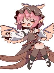  1girl :d animal_ear_piercing animal_ears bird_ears bird_wings black_shoes blush brown_dress brown_hat brown_socks closed_eyes commentary dress hand_on_own_chest hat highres korean_commentary long_sleeves magg_(user_mtca8588) medium_hair mystia_lorelei open_hand open_mouth outstretched_arm pink_hair shirt shoes singing sitting_on_branch smile socks solo touhou white_shirt wing_hat_ornament wings 