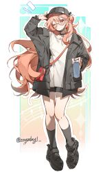  1girl absurdres adjusting_eyewear arknights arm_up bag baseball_cap black_choker black_hat black_jacket black_shoes black_shorts black_socks chinese_commentary choker commentary_request cup disposable_cup drinking_straw full_body glasses hand_on_eyewear haruka_(arknights) haruka_(casual)_(arknights) hat highres holding holding_cup jacket long_hair long_sleeves looking_at_viewer official_alternate_costume one_eye_closed open_clothes open_jacket orange_hair pointy_ears red_bag round_eyewear shirt shoes shorts socks solo white_shirt zoymtng1 
