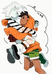  1boy 1girl arrcticc_fish brown_hair carrie_krueger colored_skin dark-skinned_male dark_skin darwin_watterson ghost ghost_girl green_shoes hair_ornament hair_over_one_eye highres hood hoodie humanization orange_hoodie personification shirt shoes short_hair simple_background skirt skull_hair_ornament smile the_amazing_world_of_gumball white_hair 