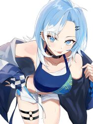  1girl absurdres alternate_breast_size_(larger) armpits bent_over black_choker blue_eyes blue_hair blue_pupils blue_tank_top blush breasts canvas_sensei choker commentary ear_piercing hair_ornament hairclip highres hololive hololive_indonesia jacket jewelry kobo_kanaeru large_breasts looking_at_viewer multicolored_hair open_fly pendant piercing short_shorts shorts tank_top thigh_strap tongue tongue_out two-tone_hair white_background white_hair white_shorts 