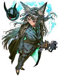  1girl absurdres alternate_costume animal_ear_fluff animal_ears black_hair black_necktie collared_shirt commentary_request creature crossdressing crossdressing_(ftm) from_above full_body hair_intakes highres holding holding_sword holding_weapon hoshimi_miyabi long_hair looking_at_another necktie pale_skin red_eyes reomenka shirt suit sword tailless_(zenless_zone_zero) thigh_strap weapon white_background zenless_zone_zero 