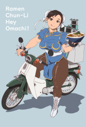  1girl aonori_misuji black_hair black_leggings blue_background blue_dress boots bowl bracelet bun_cover chinese_clothes chun-li closed_mouth commentary_request double_bun dress english_text food hair_bun holding holding_bowl jewelry leggings looking_at_viewer motor_vehicle motorcycle noodles nori_(seaweed) qipao ramen shadow short_sleeves smile solo spiked_bracelet spikes street_fighter tongue tongue_out vehicle_request white_boots 
