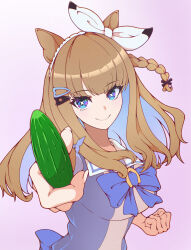  1girl absurdres almond_eye_(umamusume) animal_ears blue_eyes blue_hair blunt_bangs breasts brown_hair colored_inner_hair commentary_request cucumber food fruit highres holding holding_food holding_fruit horse_ears horse_girl itano_gonchi large_breasts long_hair multicolored_hair pointing pointing_at_viewer pun purple_background ribbon school_uniform smile solo symbol-shaped_pupils tracen_school_uniform two-tone_hair umamusume white_ribbon x-shaped_pupils 