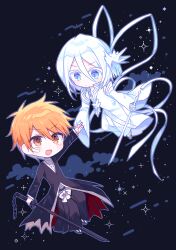  1boy 1girl :d bandaid bandaid_on_face bankai black_background black_hakama bleach bleach:_sennen_kessen-hen blush brown_eyes closed_mouth collared_dress colored_eyelashes commentary_request couple detached_sleeves double-parted_bangs dress frown full_body g_ieep hair_between_eyes hair_ornament hakama hakka_no_togame_(bankai) hetero holding holding_hands holding_sword holding_weapon ice japanese_clothes kanzashi katana korean_commentary kuchiki_rukia kurosaki_ichigo long_ribbon long_sleeves looking_at_another official_alternate_costume open_mouth orange_hair ribbon shihakusho short_hair simple_background sleeveless sleeveless_dress smile sparkle spiky_hair straight_hair sword tensa_zangetsu_(bankai) upturned_eyes v-shaped_eyebrows weapon white_dress white_hair white_ribbon wide_sleeves 
