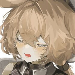  1girl absurdres animal_ears arknights blonde_hair close-up closed_eyes crying dorothy_(arknights) double-parted_bangs hair_between_eyes highres medium_hair mouse_ears mouse_girl open_mouth simple_background solo taiiiyakiii upper_body white_background 