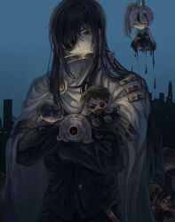  1boy black_eyes black_gloves black_hair black_jacket black_streaks cape character_doll chibi city closed_mouth commentary crossed_arms doll english_commentary eyepatch gloria_(project_moon) gloves gold_trim hanged highres holding holding_doll hubert_(project_moon) hubestjoa jacket library_of_ruina long_hair male_focus moirai_(project_moon) multicolored_hair project_moon rien_(project_moon) skyline solo_focus sora_(project_moon) streaked_hair underlighting very_long_hair white_cape yan_vismok 
