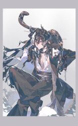  1boy absurdres animal animal_on_shoulder arknights baiyin_rabbit bandaged_neck bandages black_bandages black_cat black_hair black_jacket black_pants black_shoes border cat cat_on_shoulder chinese_commentary closed_mouth colored_extremities commentary_request crossed_legs dragon_boy dragon_horns dragon_tail eastern_dragon_horns eastern_dragon_tail grey_background grey_border hair_between_eyes heterochromia highres horns jacket long_hair long_sleeves looking_at_viewer male_focus mask multicolored_hair pants partially_open_shirt shirt shoes simple_background sitting solo streaked_hair tail wang's_cat_(arknights) wang_(arknights) white_shirt 