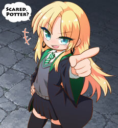  +++ 1girl :d arm_up black_robe black_skirt black_thighhighs blonde_hair blush braid collared_shirt commentary_request diagonal-striped_clothes diagonal-striped_necktie earrings english_text genderswap genderswap_(mtf) green_eyes green_necktie green_robe grey_sweater_vest hand_on_own_hip harry_potter_(series) highres hogwarts_school_uniform hoop_earrings jewelry kajiya_no_masa long_hair long_sleeves looking_at_viewer malfoid meme necktie no_nose open_mouth parted_bangs pleated_skirt pointing pointing_at_viewer ringed_eyes robe scared_potter?_(meme) school_uniform shirt skirt smile solo speech_bubble standing striped_clothes striped_necktie sweater_vest teeth thigh-highs tile_floor tiles two-sided_fabric two-sided_robe upper_teeth_only v-shaped_eyebrows very_long_braid white_shirt wide_sleeves wizarding_world zettai_ryouiki 