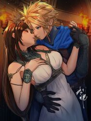  1boy 1girl absurdres armlet bare_shoulders black_hair blonde_hair blue_cape blue_eyes blush bracelet breasts brown_hair cape cloud_strife cloud_strife_(alphreid_costume) commentary_request couple crown dated dress earrings eva02asuka0608 eye_contact face-to-face final_fantasy final_fantasy_vii final_fantasy_vii_rebirth final_fantasy_vii_remake hand_on_another's_hip hand_on_own_chest hetero highres holding_hands jewelry large_breasts leaning_back leaning_forward lipgloss lips long_hair looking_at_another official_alternate_costume parted_lips pink_lips princess_rosa_costume red_eyes short_hair signature spiky_hair stud_earrings tiara tifa_lockhart tifa_lockhart_(loveless_dress) torch upper_body white_dress 