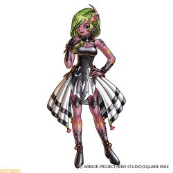  1girl :d arm_tattoo artist_request black_bridal_gauntlets black_dress black_sclera black_shoes braid breasts bridal_gauntlets cleavage_cutout clothing_cutout colored_sclera colored_skin company_name dragon_quest dragon_quest_x dress earrings full_body green_eyes green_hair hair_ornament hand_on_own_hip jewelry leg_tattoo long_hair looking_to_the_side medium_breasts multicolored_dress multiple_tattoos ninielza official_art open_mouth red_skin shoes side_braid smile solo tassel tassel_earrings tattoo thigh_strap third-party_source triangle_cutout white_background white_dress 