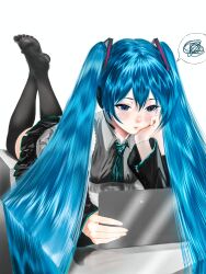  1girl absurdres aqua_necktie artist_name black_skirt black_sleeves black_thighhighs blue_eyes blue_hair blush closed_mouth collared_shirt commentary detached_sleeves double-parted_bangs feet foreshortening full_body grey_shirt hand_on_own_cheek hand_on_own_face hatsune_miku highres long_hair looking_at_object lying miniskirt necktie no_shoes on_stomach pleated_skirt reflection shirt simple_background skirt sleeveless sleeveless_shirt soles solo spoken_squiggle squiggle straight_hair tablet_pc the_pose thigh-highs twintails ulup very_long_hair vocaloid white_background 