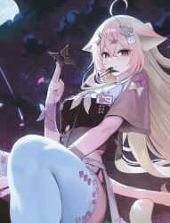  1girl ahoge animal_ears blonde_hair blush bow breasts brown_eyes clouds cloudy_sky commentary commission cropped english_commentary facial_mark feet_out_of_frame fieryonion fingernails floral_print full_moon hair_between_eyes hair_ornament hairclip hand_up heart heart_facial_mark heart_hair_ornament heart_print highres holding holding_shuriken holding_weapon indie_virtual_youtuber large_breasts long_hair looking_at_viewer making-of_available moon mouth_hold multicolored_thighhighs nail_polish night outdoors parallel_hairclips purple_bow purple_nails purple_thighhighs short_sleeves shuriken sitting sky solo star_(sky) starry_sky tail thigh-highs thighs two-tone_thighhighs virtual_youtuber weapon white_thighhighs yellow_bow 