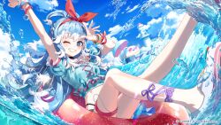  1girl :d ;d black_choker blue_eyes blue_hair blue_shirt blue_sky bow bow_hairband bracelet braid choker cilus_(kobo_kanaeru) clouds colored_tips company_name copyright_notice cropped_shirt frills grin hairband heart heart_choker highleg highres hololive hololive_dreams hololive_indonesia innertube jewelry kobo_kanaeru kobo_kanaeru_(tidal_body_&amp;_soul) lighthouse multicolored_hair non-web_source official_alternate_costume official_art one_eye_closed parasol puffy_short_sleeves puffy_sleeves red_bow red_hairband ringed_eyes second-party_source shirt shoes short_sleeves sky smile solo star_(symbol) sunglasses swim_ring teeth thigh_strap two-tone_hair umbrella wavy_hair white-framed_eyewear white_hair white_shoes 