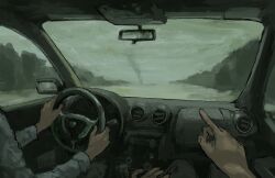  2boys car_interior driving grey_sky gumidrawing highres left-hand_drive long_sleeves multiple_boys original overcast pointing pov pov_hands rear-view_mirror side-view_mirror sky steering_wheel tornado 