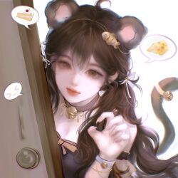  1girl animal_ears ay_yiyi bell brown_eyes brown_hair cake cheese choker dark_clothes food hand_on_wall leaning_on_door long_hair looking_at_viewer mouse_ears non-web_source original red_lips solo speech_bubble tail thought_bubble 