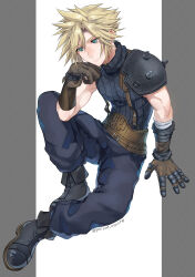  1boy absurdres armor belt belt_buckle black_boots blonde_hair blue_eyes blue_pants blue_sweater boots brown_gloves buckle closed_mouth cloud_strife commentary earrings final_fantasy final_fantasy_vii final_fantasy_vii_remake full_body gloves hair_between_eyes highres jewelry male_focus multiple_belts pants pinyata_(pinyaland) ribbed_sweater short_hair shoulder_armor sitting sleeveless sleeveless_turtleneck solo spiky_hair stud_earrings suspenders sweater turtleneck turtleneck_sweater twitter_username untranslatable_commentary 