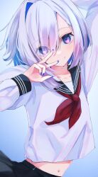  1girl amane_kanata asymmetrical_bangs asymmetrical_hair black_skirt blue_background blue_hair blue_nails bob_cut closed_mouth colored_inner_hair commentary eyes_visible_through_hair gradient_background grey_hair hair_over_one_eye highres hololive long_sleeves midriff_peek missing_halo missing_wings multicolored_hair nail_polish navel neckerchief raised_eyebrows red_neckerchief school_uniform serafuku shirt short_hair simple_background single_hair_intake skirt smile solo sui._(suikun) untranslatable_commentary violet_eyes virtual_youtuber w white_shirt 