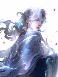  1boy blue_eyes chinese_clothes earrings hair_ornament highres honor_of_kings jewelry light_particles petals profile solo water white_hair yiyi 