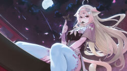  1girl ahoge animal_ears blonde_hair blush bow breasts brown_eyes clouds cloudy_sky commentary commission english_commentary facial_mark feet_out_of_frame fieryonion fingernails floral_print full_moon hair_between_eyes hair_ornament hairclip hand_up heart heart_facial_mark heart_hair_ornament heart_print highres holding holding_shuriken holding_weapon indie_virtual_youtuber large_breasts long_hair looking_at_viewer making-of_available moon mouth_hold multicolored_thighhighs nail_polish night outdoors parallel_hairclips purple_bow purple_nails purple_thighhighs short_sleeves shuriken sitting sky solo star_(sky) starry_sky tail thigh-highs thighs two-tone_thighhighs virtual_youtuber weapon white_thighhighs yellow_bow 