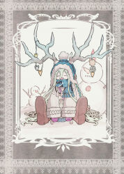  1girl antler_ornament antlers beanie blue_hat blue_scarf brown_shoes earflap_beanie facing_viewer fate/grand_order fate_(series) green_hair hair_between_eyes hat horns horns_through_headwear long_hair long_hair_between_eyes long_sleeves louhi_(fate) louhi_(second_ascension)_(fate) mittens obaka open_mouth pom_pom_(clothes) pom_pom_beanie purple_mittens scarf sharp_teeth shoes sitting snowman solo teeth 