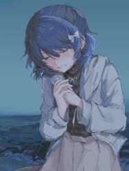  1girl bang_dream! bang_dream!_our_notes blue_hair brown_skirt chinese_commentary chinoki closed_eyes commentary_request cowboy_shot crying facing_viewer grey_jacket hamasaki_mahoro hands_up highres hood hood_down hooded_jacket jacket jewelry long_sleeves necklace outdoors own_hands_together short_hair skirt sky solo standing striped_clothes striped_sweater sweater 