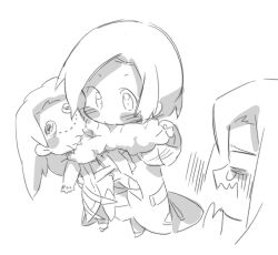  2boys anpolly blush_stickers character_doll chibi chibi_only coat commentary_request curtained_hair doll full_body greyscale holding holding_doll male_focus medic_(sekaiju_4) medic_3_(sekaiju_4) monochrome multiple_boys night_seeker_(sekaiju) night_seeker_1_(sekaiju) open_clothes open_coat open_mouth oversized_clothes parted_bangs sekaiju_no_meikyuu sekaiju_no_meikyuu_4 solo standing 