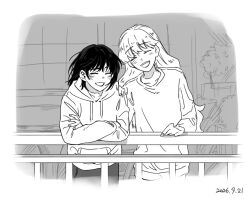  2girls against_railing arm_rest balcony black_hair blush bush casual closed_eyes cowboy_shot crossed_arms dated greyscale hand_on_another's_shoulder hand_on_railing hood hood_down hoodie lara_(sayonara_lara) laughing leaning_to_the_side long_hair long_sleeves monochrome multiple_girls ootsu_mari pants railing sayonara_lara short_hair side-by-side sketch smile sweater tree yomoyo1729 yuri 