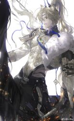  1boy absurdres animal_ears argent_flow_(arknights) arknights arknights:_endfield arm_guards armor beads black_horse blonde_hair blue_headband brown_eyes chinese_commentary clothing_cutout commentary_request covered_pectorals cowboy_shot curtained_hair earrings from_side fur_(clothing) hair_beads hair_ornament headband high_ponytail highres hip_vent horse_ears horseback_riding jewelry makabaka77883 male_focus mandarin_collar mole mole_on_cheek muscular muscular_male obliques parted_bangs pauldrons pectorals ponytail riding shoulder_armor simple_background solo tassel tassel_earrings watermark weibo_username weibo_watermark white_background xiao_guan_(headdress) 