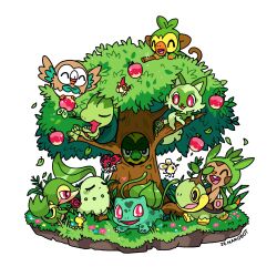  :3 :d ^_^ apple applin artist_name black_eyes blue_flower blush branch bright_pupils browt bug bulbasaur bush cat caterpie chespin chikorita claws closed_eyes closed_mouth colored_sclera commentary crossed_arms crossed_legs cutiefly falling_leaves fangs flower flying food fruit grass grookey highres holding holding_flower holding_stick in_tree leaf ledyba looking_at_viewer mamobot no_humans open_mouth plant pokemon pokemon_(creature) red_eyes red_flower red_rose riding rose rowlet running shaded_face simple_background sitting sitting_in_tree sleeping smile snivy sprigatito standing stick teeth tree tree_hollow treecko turtwig u_u untranslatable_commentary upper_teeth_only v-shaped_eyebrows weedle white_background white_pupils wurmple yellow_flower yellow_sclera 