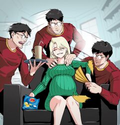  1boy 1girl absurdres afterimage big_belly black_hair blonde_hair breasts chair chips_(food) dress food genderswap genderswap_(mtf) green_eyes green_sweater hand_fan harry_potter harry_potter_(series) highres lem long_hair malfoid massage on_chair potato_chips pregnant red_shirt ribbed_dress ribbed_sweater round_eyewear scar scar_across_eye scar_on_face scar_on_forehead shirt short_hair shoulder_massage sweater sweater_dress wizarding_world 