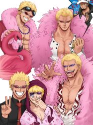  3boys absurdres bead_necklace beads bird black_shirt blonde_hair cigarette creeeeeespi den_den_mushi donquixote_doflamingo donquixote_rocinante english_text flamingo goggles goggles_on_head heart heart_print highres holding holding_cigarette hood jewelry male_focus multiple_boys necklace necktie one_piece open_clothes open_mouth open_shirt pectorals pink_shirt red_necktie shirt short_hair smile speech_bubble sunglasses thought_bubble toned toned_male tongue tongue_out trafalgar_law v white_shirt 
