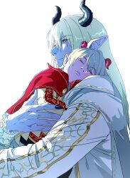  2boys absurdres aged_down aqua_eyes azbar_(dragon_quest) black_horns black_nails black_pants blonde_hair cape carrying carrying_person character_request child colored_skin demon_boy dragon_quest dragon_quest_x father_and_child father_and_son fingernails gold_trim head_on_another's_shoulder highres horns long_fingernails long_hair looking_ahead male_focus multiple_boys nanamono_0414 pants parent_and_child parted_lips pointy_ears purple_skin red_cape red_horns sharp_fingernails shirt short_hair sleeping upper_body white_background white_cape white_shirt 