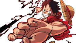  1boy attacking_viewer clenched_teeth commentary_request ehuw5238 foreshortening hat hat_on_back highres looking_at_viewer male_focus monkey_d._luffy one_piece red_shirt scar scar_on_face shirt short_hair solo straw_hat teeth white_background 