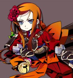  1girl armor back_bow blue_gloves bow closed_mouth commentary_request gloves grey_background hair_ornament holding holding_sword holding_weapon japanese_armor japanese_clothes katana kiguchi_(aprico) kimono long_hair looking_at_viewer official_alternate_color orange_bow red_kimono sekaiju_no_meikyuu sekaiju_no_meikyuu_3 shogun_(sekaiju) shogun_4_(sekaiju) sidelocks simple_background single_sode smile solo split_mouth sword weapon 