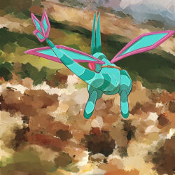 closed_mouth commentary_request flygon flying from_behind full_body highres no_humans outdoors pokemon pokemon_(creature) sabano-osushi sandstorm sky solo 