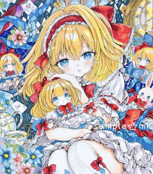  1girl alice_margatroid blonde_hair blue_dress blue_eyes blue_flower bow bowtie capelet commentary_request cup dress flower flower_request frilled_hairband frills hair_between_eyes hairband highres looking_at_viewer medium_hair mokomilk_0914 pink_flower puffy_short_sleeves puffy_sleeves rabbit red_bow red_bowtie red_hairband roman_numeral sample_watermark shanghai_doll short_sleeves sleeve_bow solo teacup thigh-highs touhou traditional_media watermark white_capelet white_thighhighs 