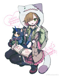  2girls :d ;d absurdres animal_ear_headwear animal_ears black_hair black_pantyhose blue_necktie brown_hair cat_ears character_request chibi chibi_inset chinese_commentary colored_tips commentary_request copyright_request cross_neko dated fake_tail full_body green_eyes green_shirt grey_jacket highres holding holding_pen horns index_finger_raised jacket milestone_celebration multicolored_hair multiple_girls necktie notebook one_eye_closed pantyhose pen pink_hair pink_skirt pointing pointing_at_self red_shoes shirt shoes signature single_horn skirt smile solo_focus squatting tail white_background yellow_eyes 